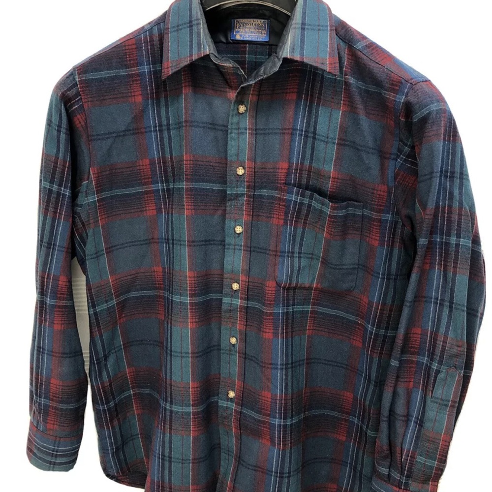 Pendleton Mens Red and Blue Check 100% Wool Long Sleeve Shirt sz L Made in USA